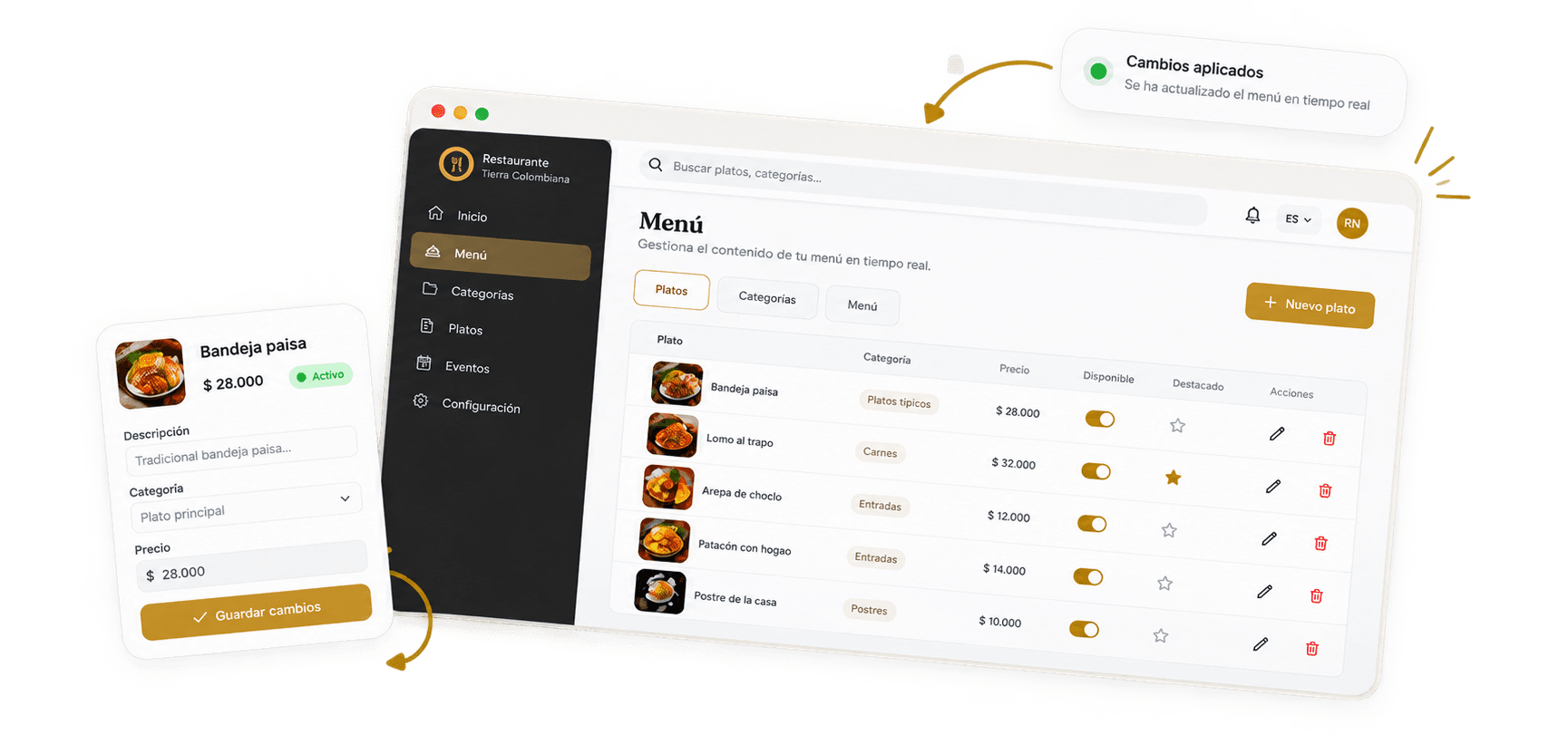Screenshot of the admin panel: dish list with the availability toggle visible.