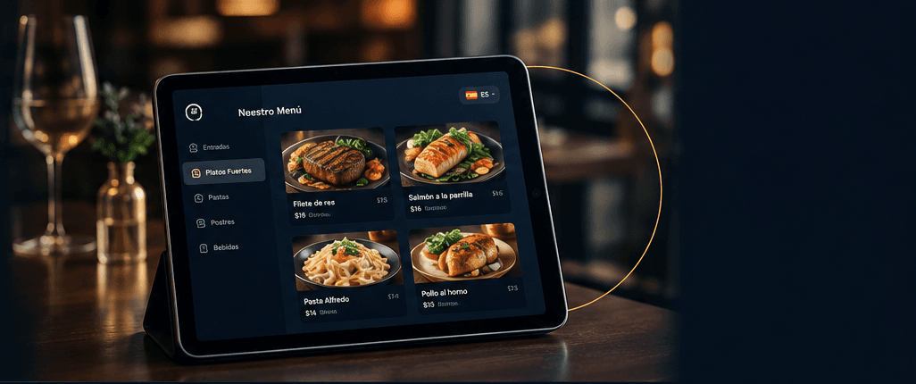 Photo of a FoodClick tablet on a restaurant table showing the digital menu (categories on the left, dishes with photos and prices), next to a glass of wine and a candle in a nighttime setting.
