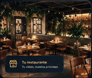 Photo of the client's restaurant interior (tables, warm lighting, plants), with an overlaid card showing the restaurant's name and logo.