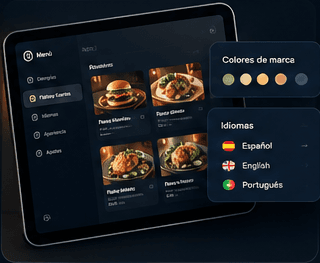 Screenshot of the tablet showing the menu setup panel (categories, languages, photos), with floating cards for "Brand colors" and "Languages" next to the tablet.