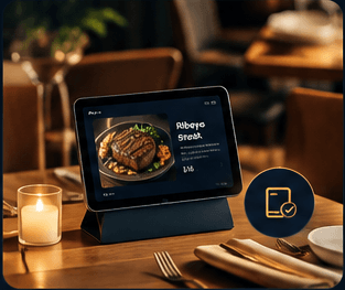 Photo of a set table with the FoodClick tablet showing a dish, next to a floating installation-confirmed icon.