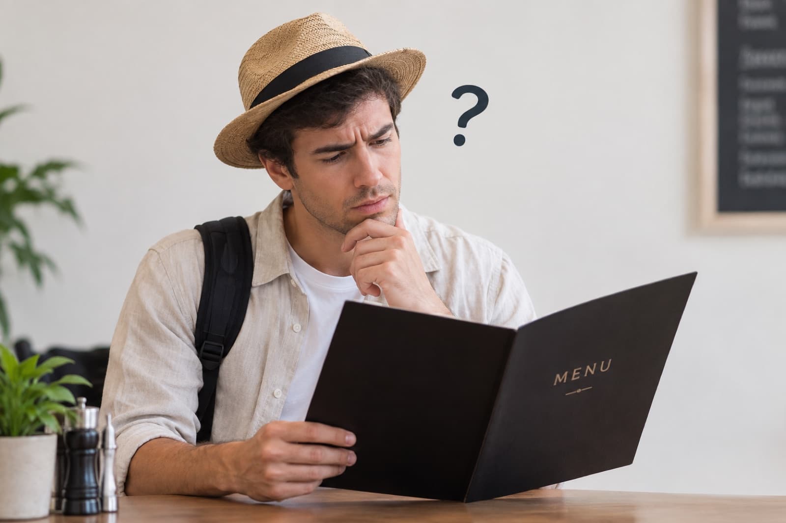 Photo of a foreign guest looking at a menu with a puzzled expression.