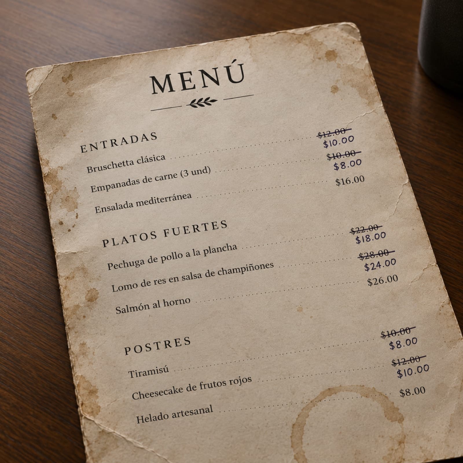 Photo of a visibly worn, stained, or price-crossed-out paper menu.