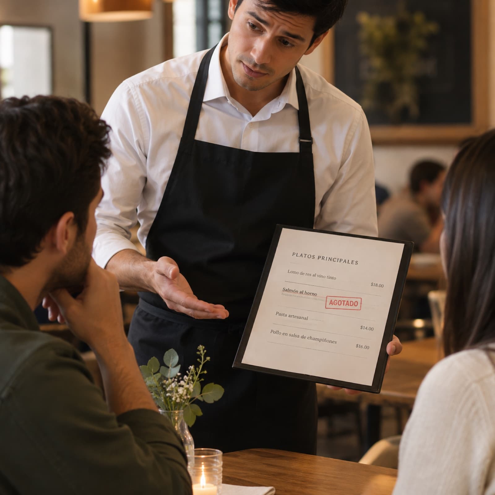 Photo of a waiter explaining at the table that a dish is no longer available.