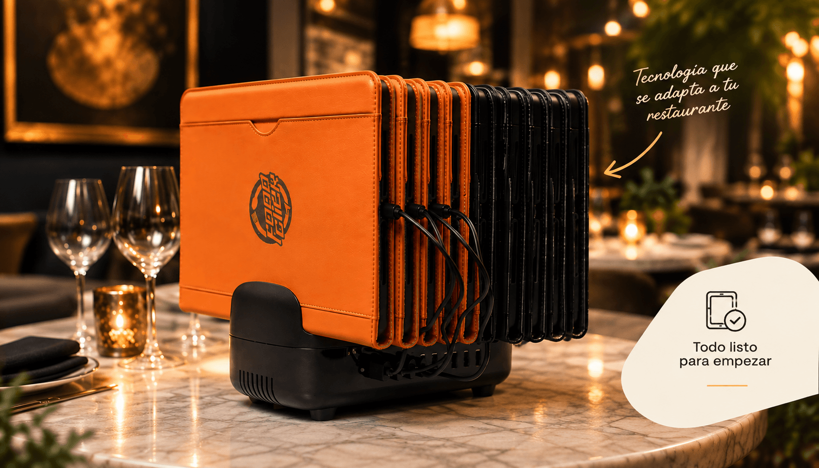 FoodClick tablets charging in their dock, ready to install on a restaurant table.