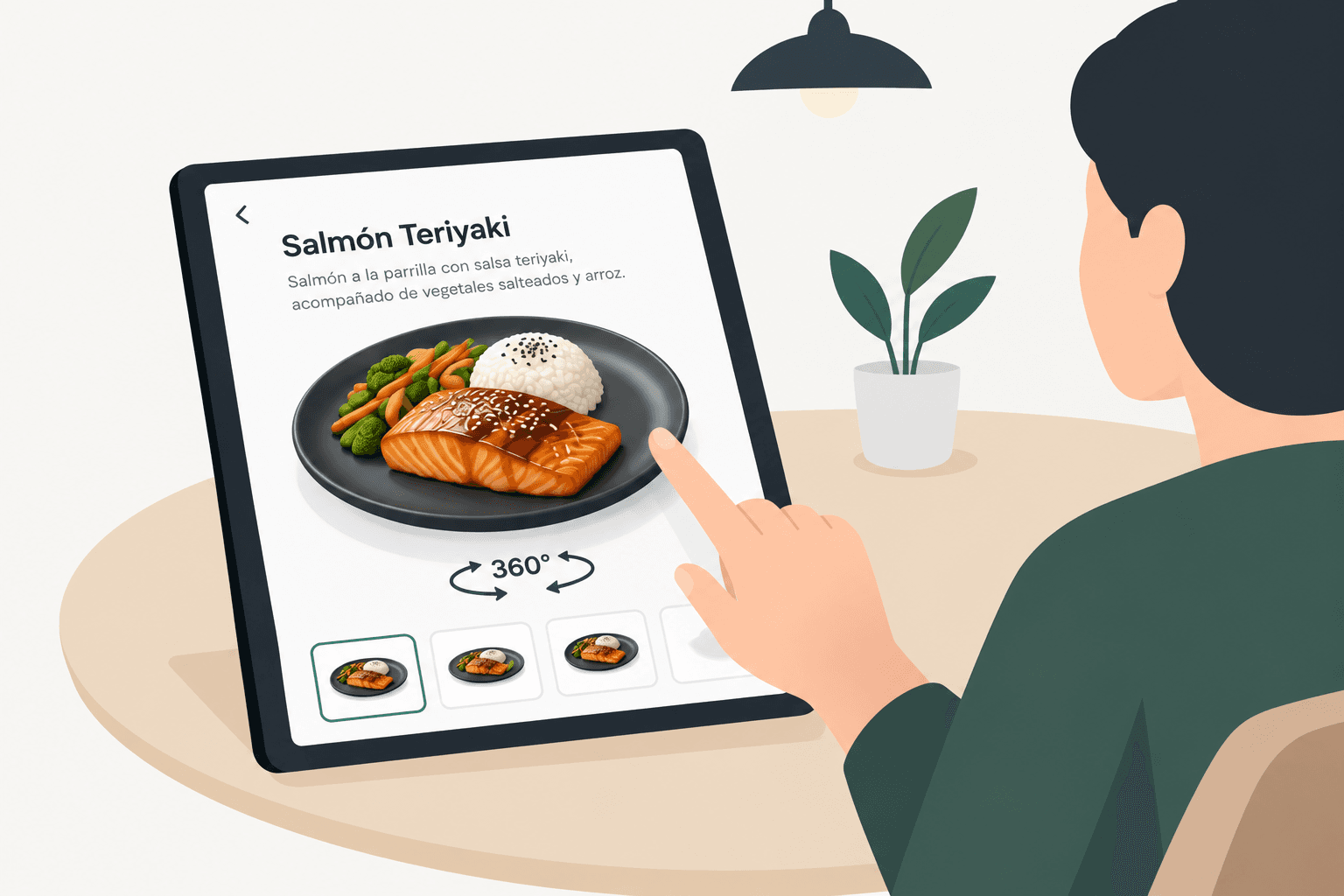 Diner spinning a dish in 3D on the tablet before ordering.
