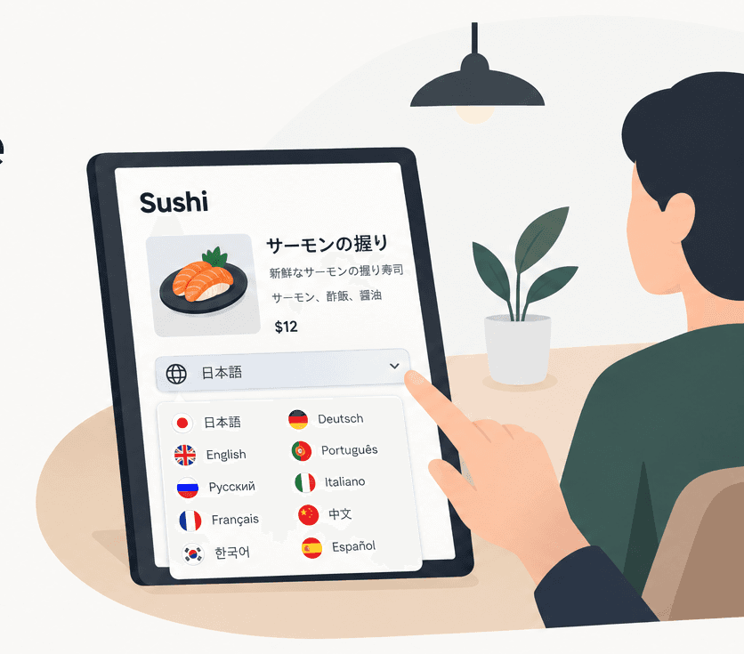 Screenshot of the tablet showing the same dish in two different languages, side by side.