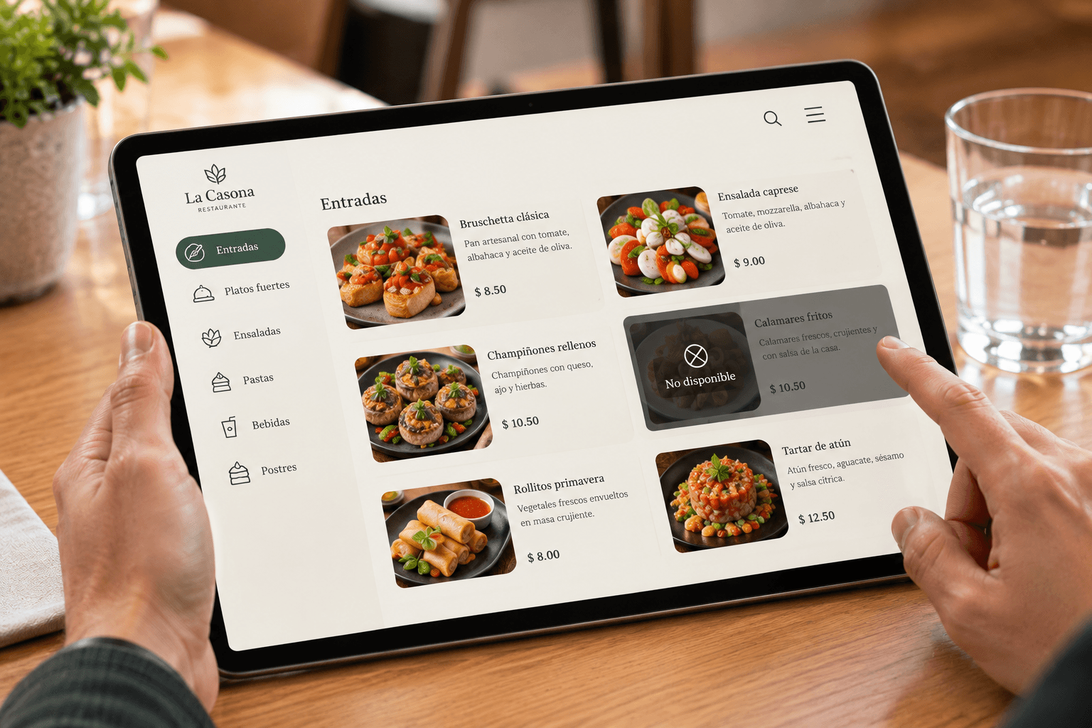 Screenshot of the tablet showing a dish marked "unavailable".