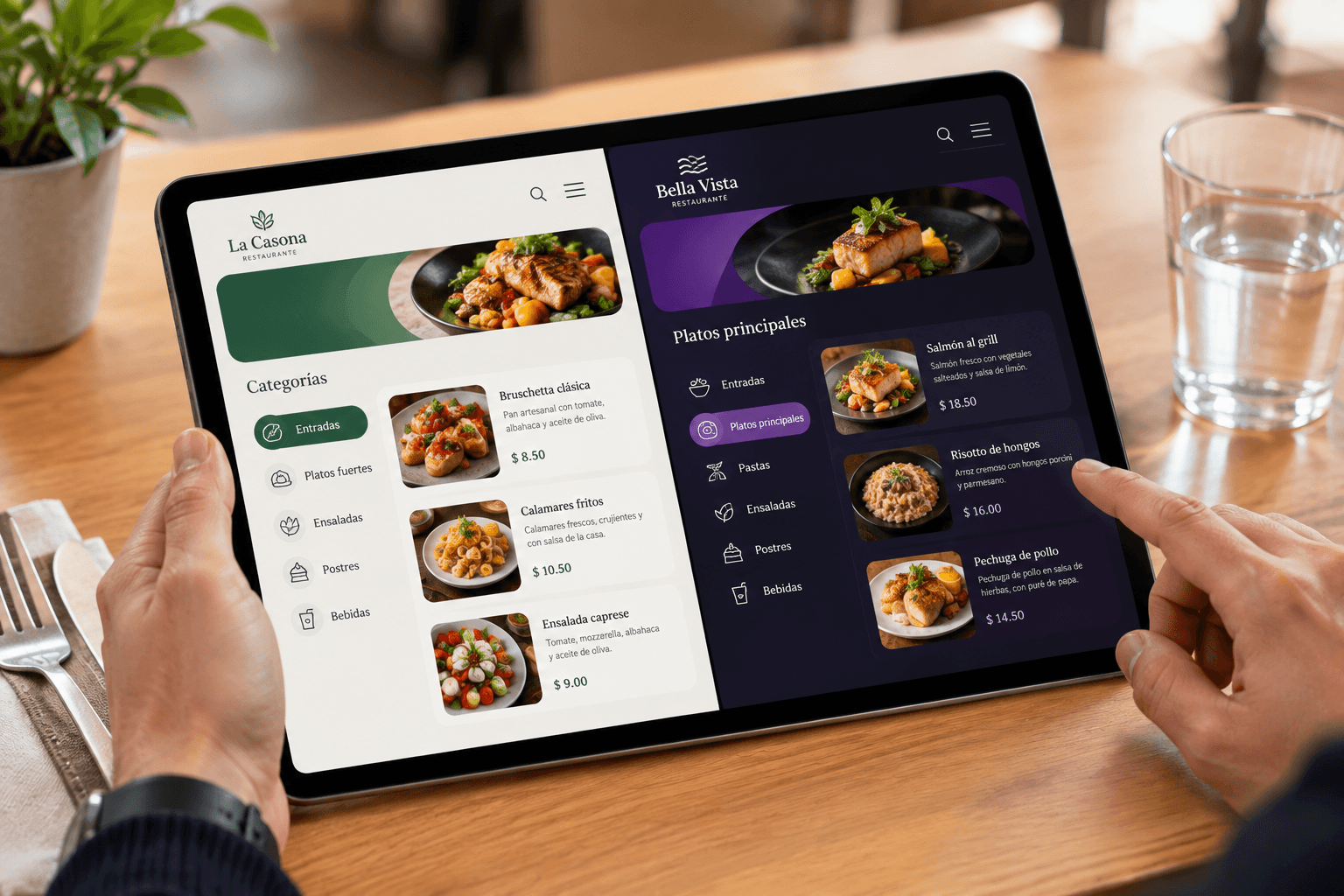 Screenshot of the tablet showing two different category and dish templates, with brand colors applied.